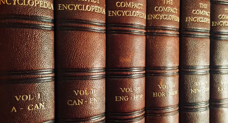 Rows of leather-bound encyclopedia volumes on a shelf - representing Wikipedia as the foundational knowledge layer of the internet
